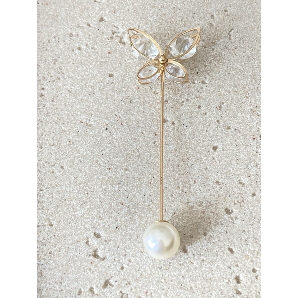 Butterfly Stick Pin Brooch Gold Tone Crystal Wings Faux Pearl Hat Or Scarf Pin